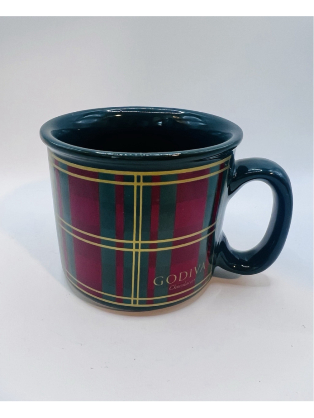 Vintage Godiva Tartan Plaid Christmas Coffee Mug Red Green Gold Hot Chocolate